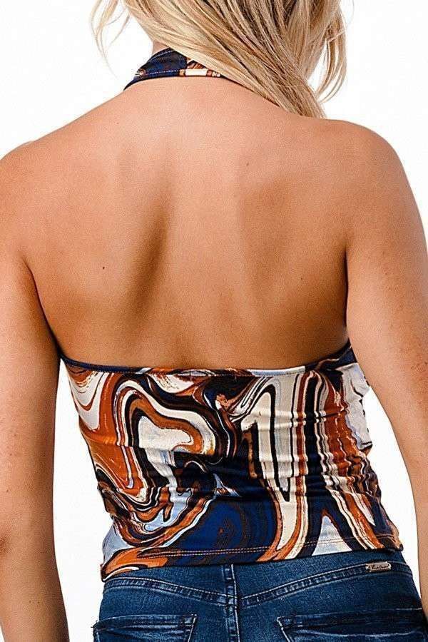 Marble Front Ruching Halter Crop Top