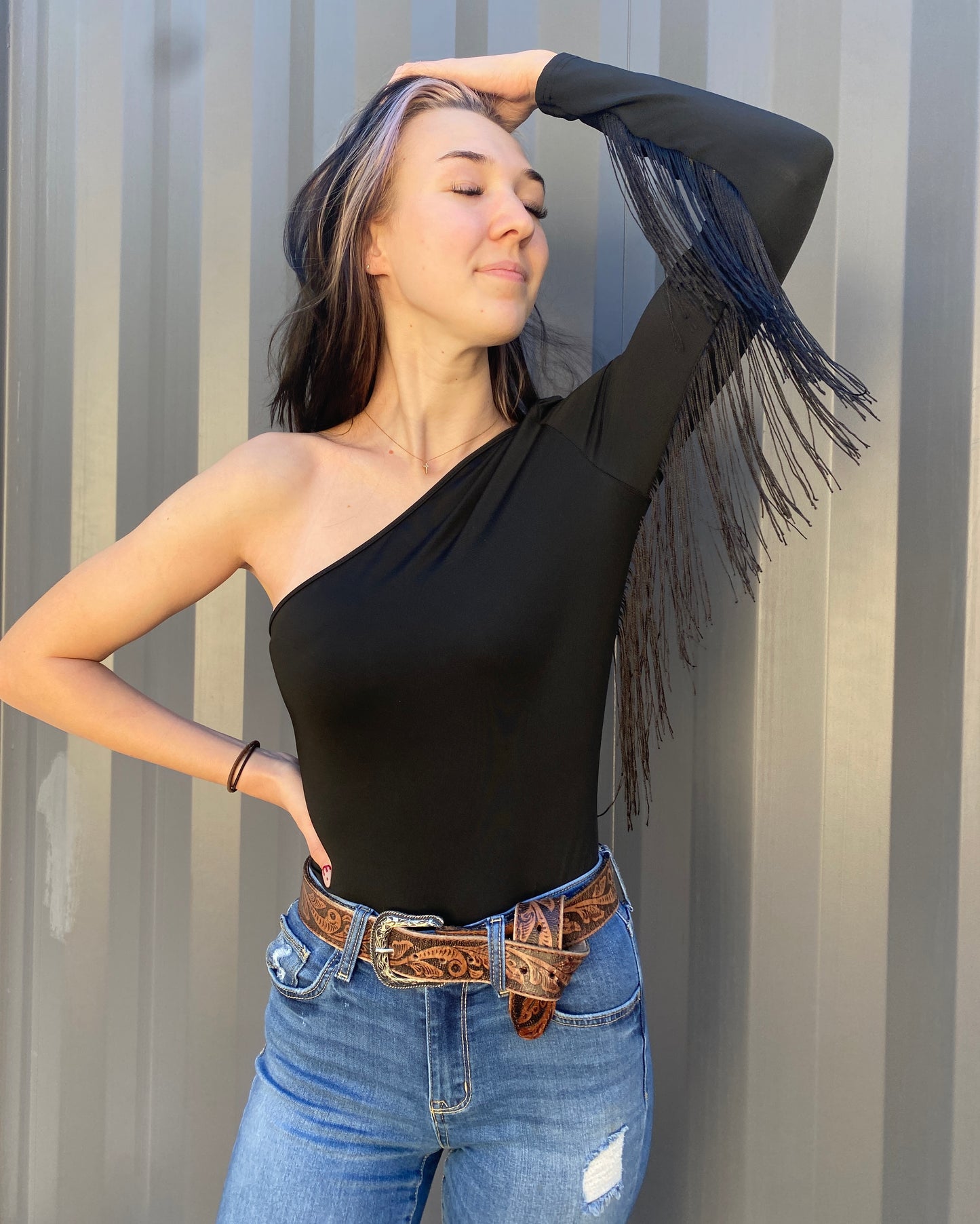Asymmetrical Fringe Bodysuit