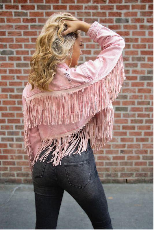 Pink Fringe Denim Jacket
